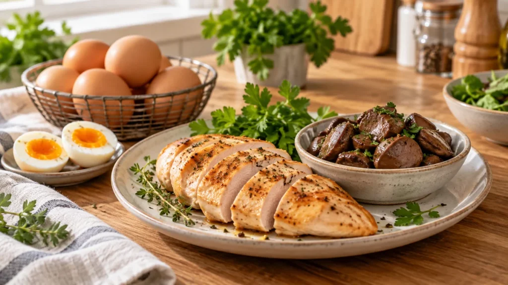 منابع غذایی ویتامین B12 شامل گوشت مرغ، جگر مرغ و تخم‌مرغ