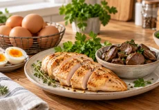 منابع غذایی ویتامین B12 شامل گوشت مرغ، جگر مرغ و تخم‌مرغ