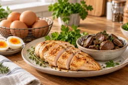 منابع غذایی ویتامین B12 شامل گوشت مرغ، جگر مرغ و تخم‌مرغ