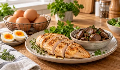 منابع غذایی ویتامین B12 شامل گوشت مرغ، جگر مرغ و تخم‌مرغ