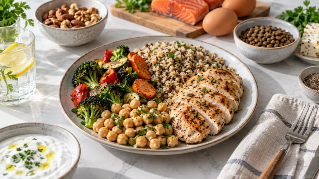وعده غذایی متعادل با مرغ و سبزیجات برای مصرف روزانه
